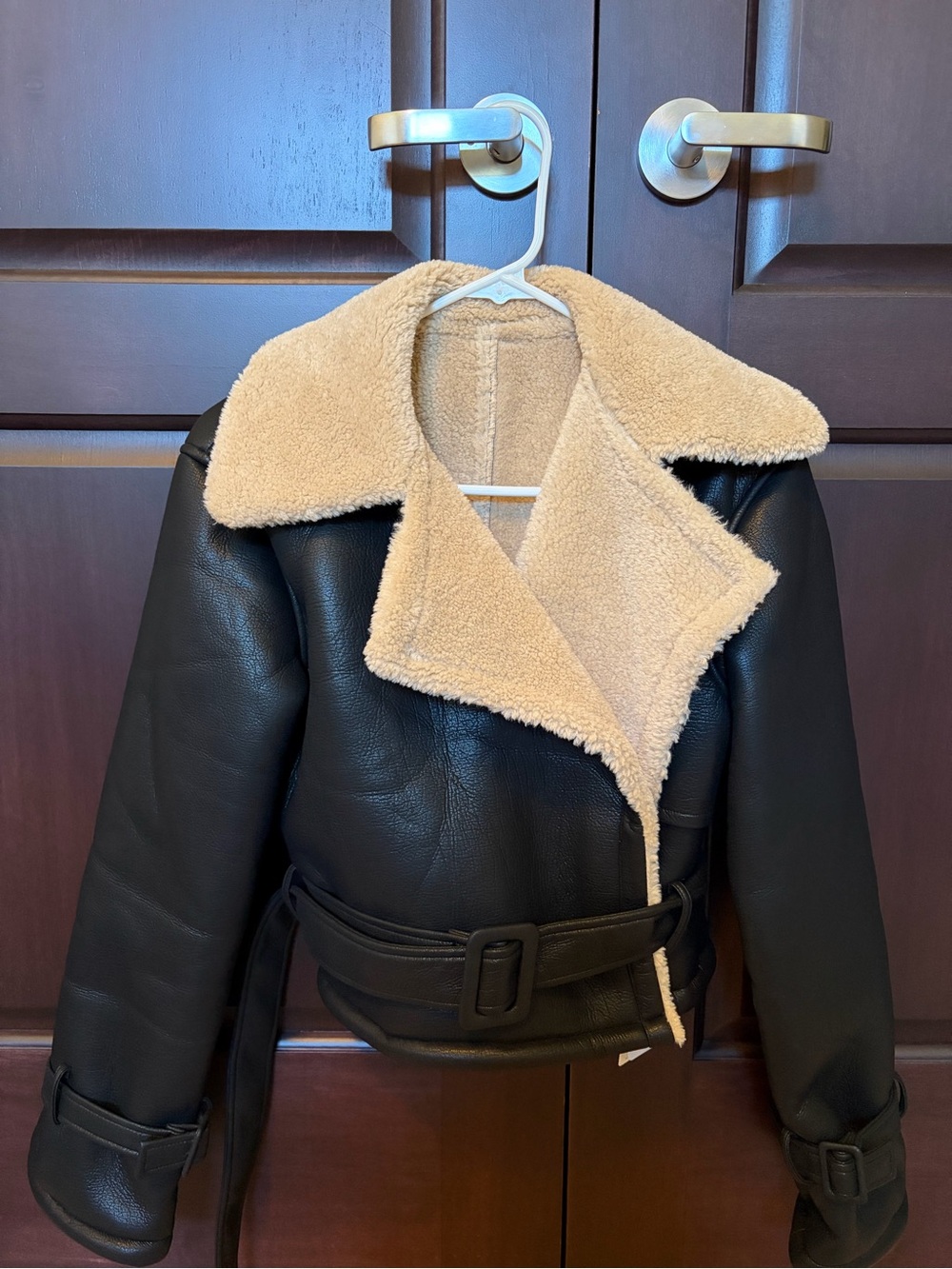 Commense Black Bomber Jacket with Tan Shearling Collar